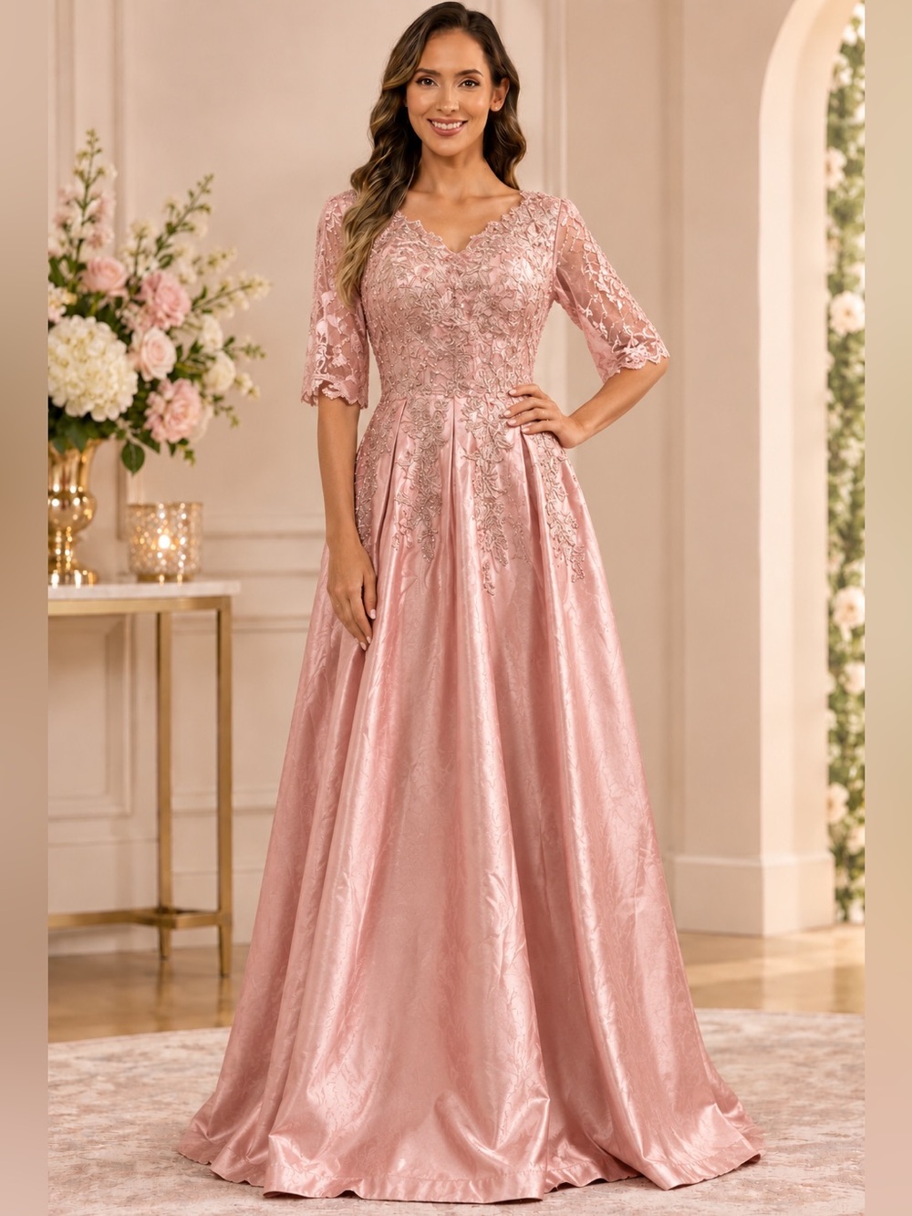 Blush Pink Lace & Satin Evening Gown with pockets & lace up corset.